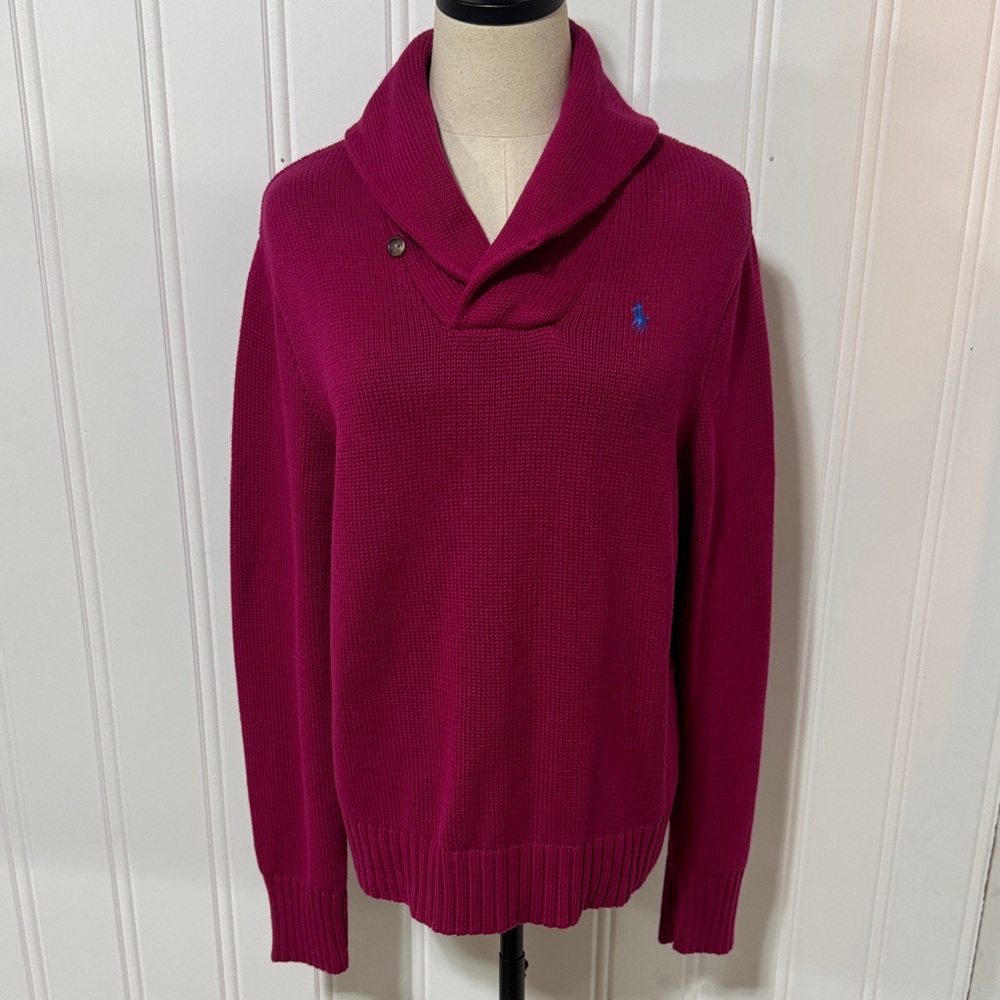 Ralph Lauren Shawl Collar Sweater in Magenta with Blue Pony